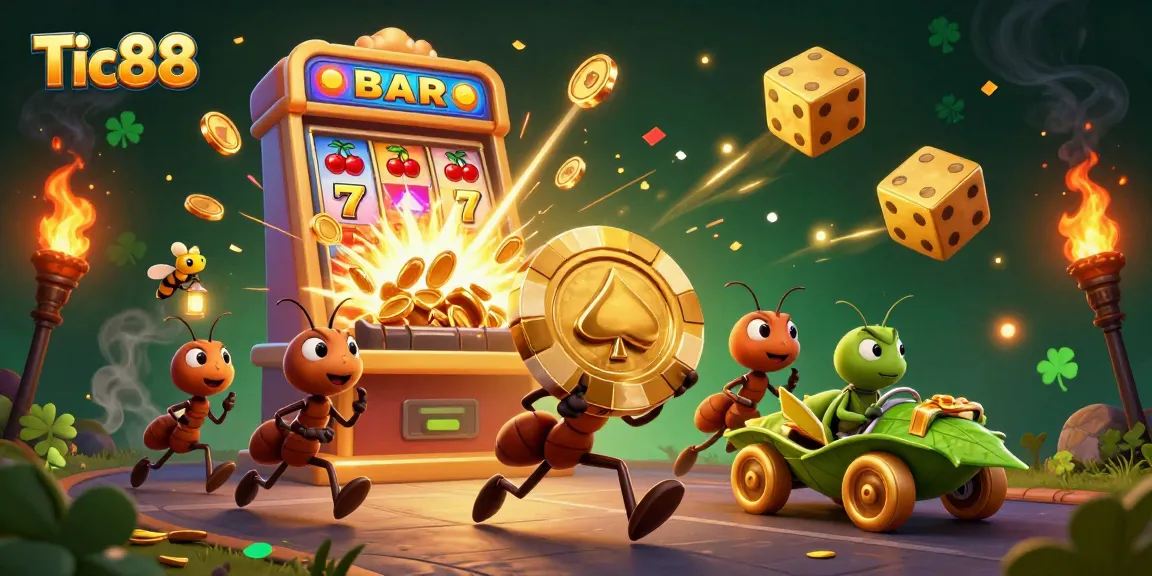 Tic88 ants carrying a giant poker chip in a vibrant casino heist theme