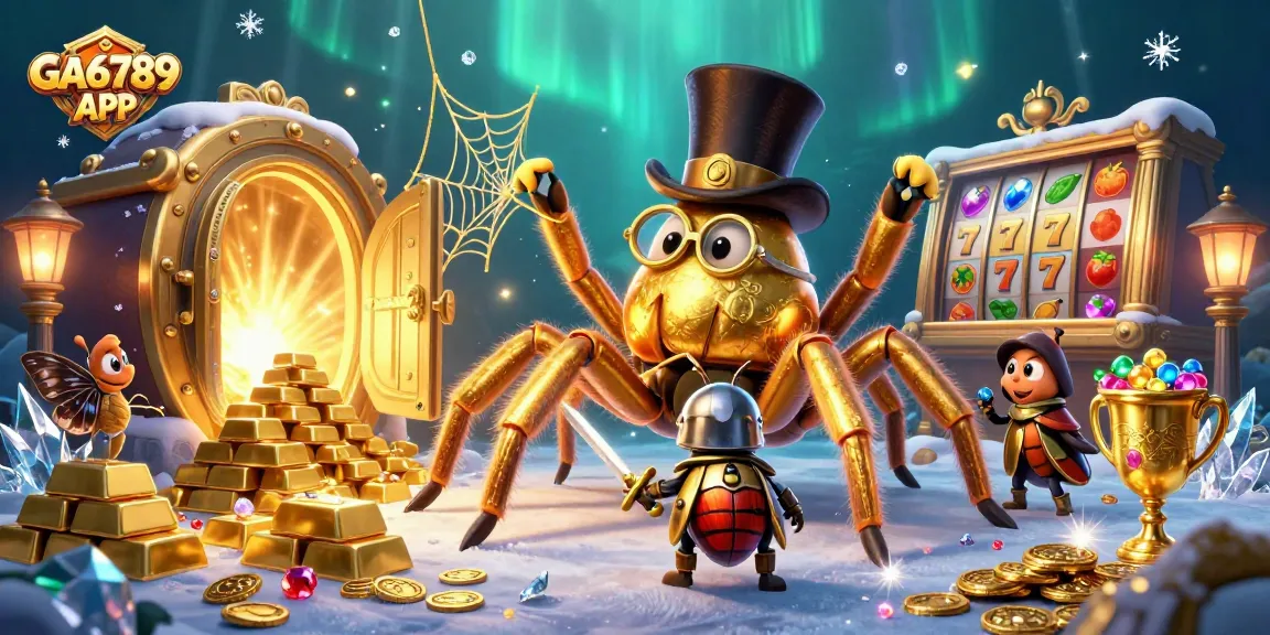 Experience the captivating action with GA6789 APP featuring a golden tarantula at a vibrant casino scene.