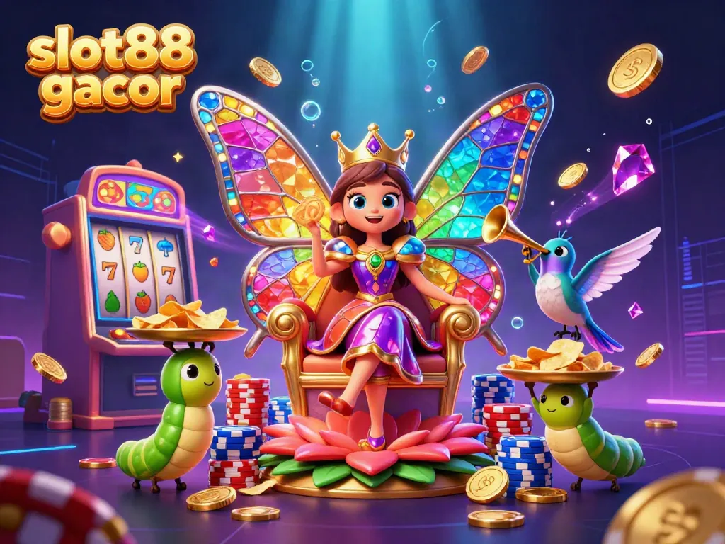Menangkan slot88 gacor dengan ilustrasi 3D penuh warna yang menunjukkan ratu kupu-kupu dan chip emas.