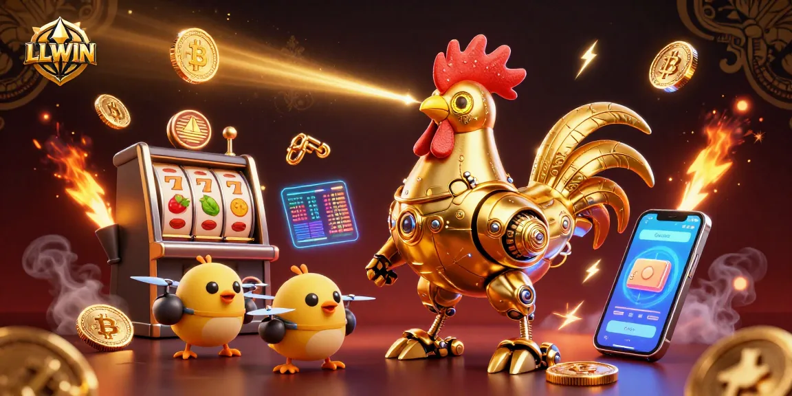 Engage with LLWIN's vibrant gaming experience featuring a golden rooster robot and crypto elements.