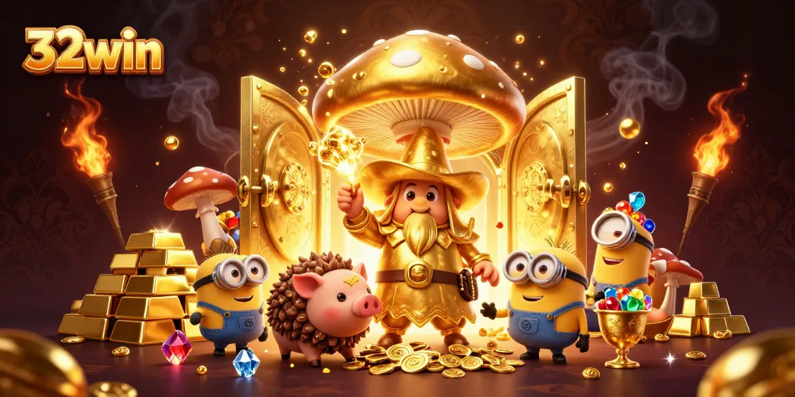 Engage in thrilling 32win gaming, with magical characters surrounded by treasures and gold effects.