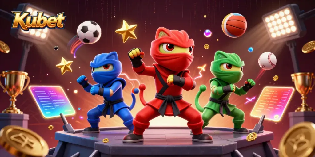 Kubet features a dynamic scene with ninja chameleons showcasing martial arts in a lively casino setting.