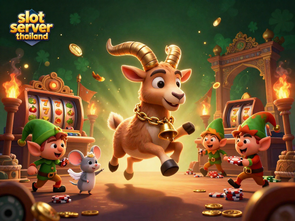 Engaging scene of Krampus goat managing slot server thailand casino with angel mouse and elf gremlins.