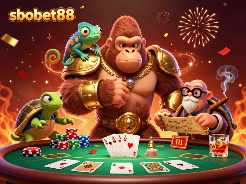 Sbobet88 powerful gorilla king surrounded by vibrant poker elements celebrating a winning hand.