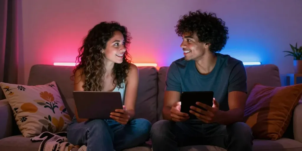 Engaging live sex chat moment with a couple in a cozy room.