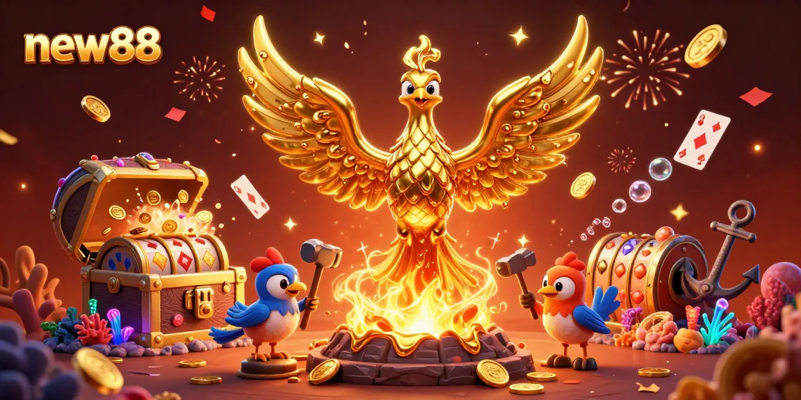 Experience the excitement of new88 with a molten gold phoenix and vibrant casino elements.