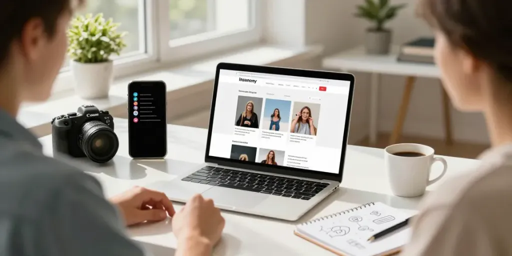 An engaged user exploring the Insanony platform for anonymous Instagram story viewing in a bright office.