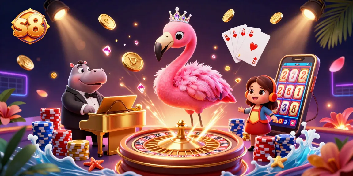 S8 casino scene featuring a flamingo singer and a hippo bassist with jackpots and bonus elements.