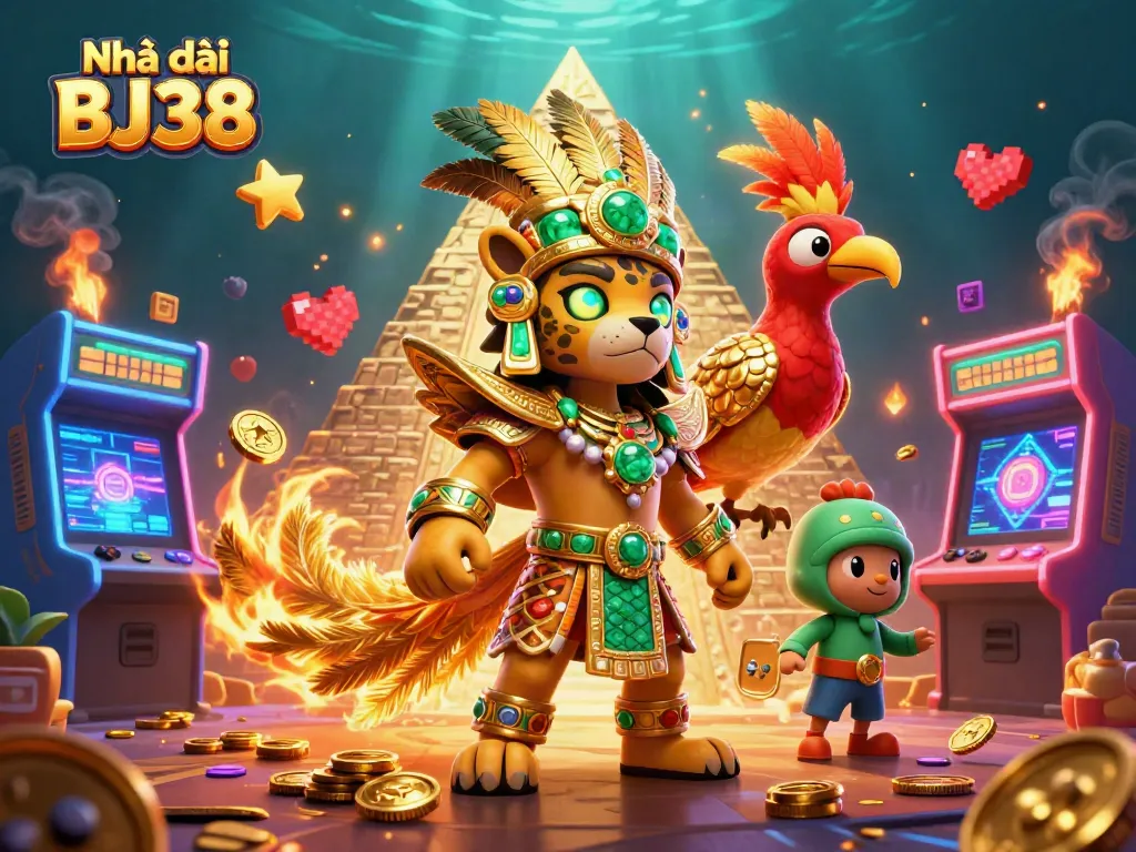 Engage with Nhà cái BJ38 in a vibrant 3D casino scene filled with arcade games and animated excitement.