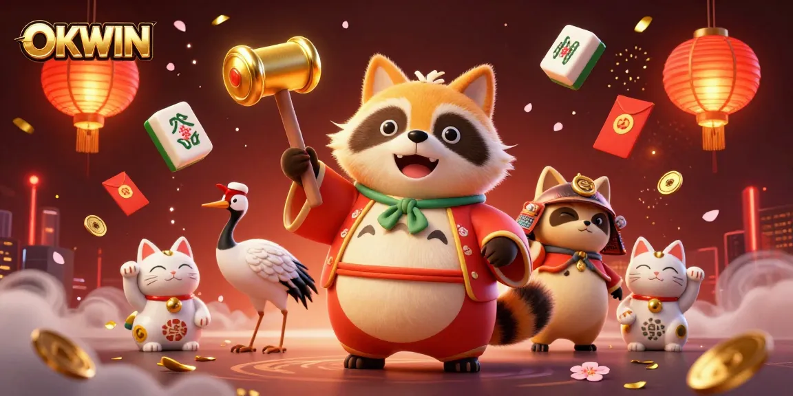 Engage with OKWIN's vibrant gaming scene featuring dynamic characters and festive elements.