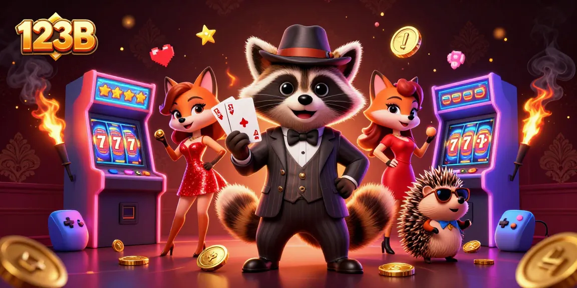 Experience thrilling casino action at 123B with raccoon, fox, and hedgehog in a vibrant gaming scene.
