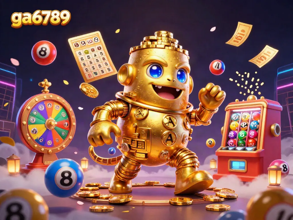 Engage in thrilling gambling at ga6789 with dynamic visuals featuring a golden golem and vibrant lottery elements.