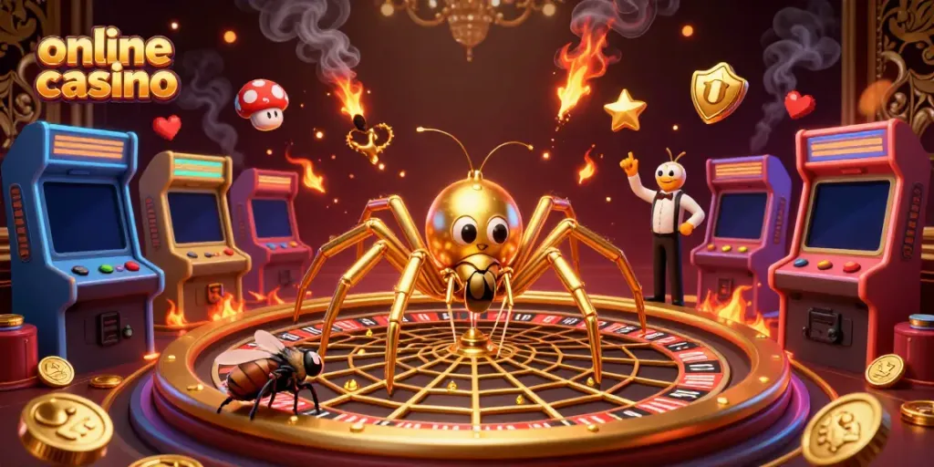 Engaging illustration of an online casino scene with a golden spider and centipede croupier.