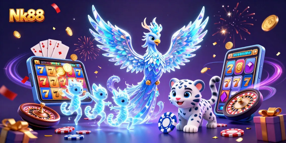 Nk88 ignites excitement with a captivating 3D casino scene featuring an ice phoenix and poker chip.
