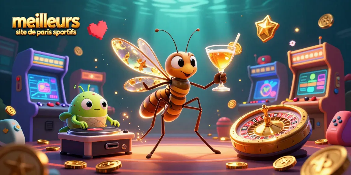 Illustration dynamique : meilleurs sites de paris sportifs avec un moustique mascotte et un DJ trilobite