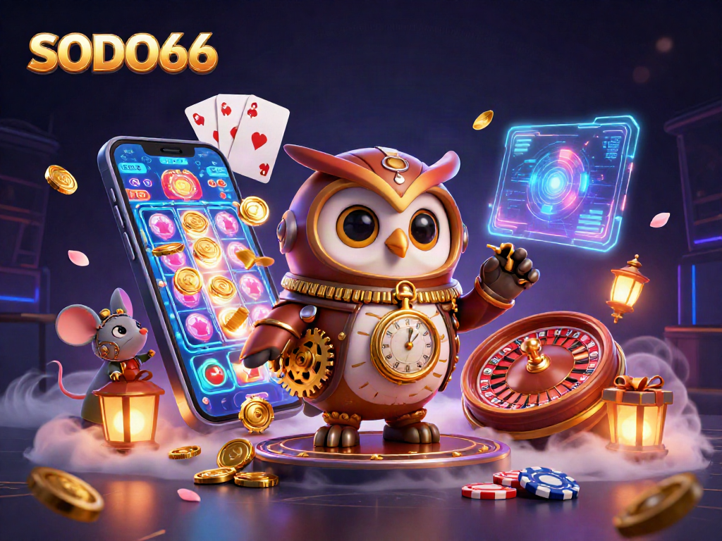 SODO66 brings excitement with a time-traveling owl and steampunk elements in this vibrant casino scene.
