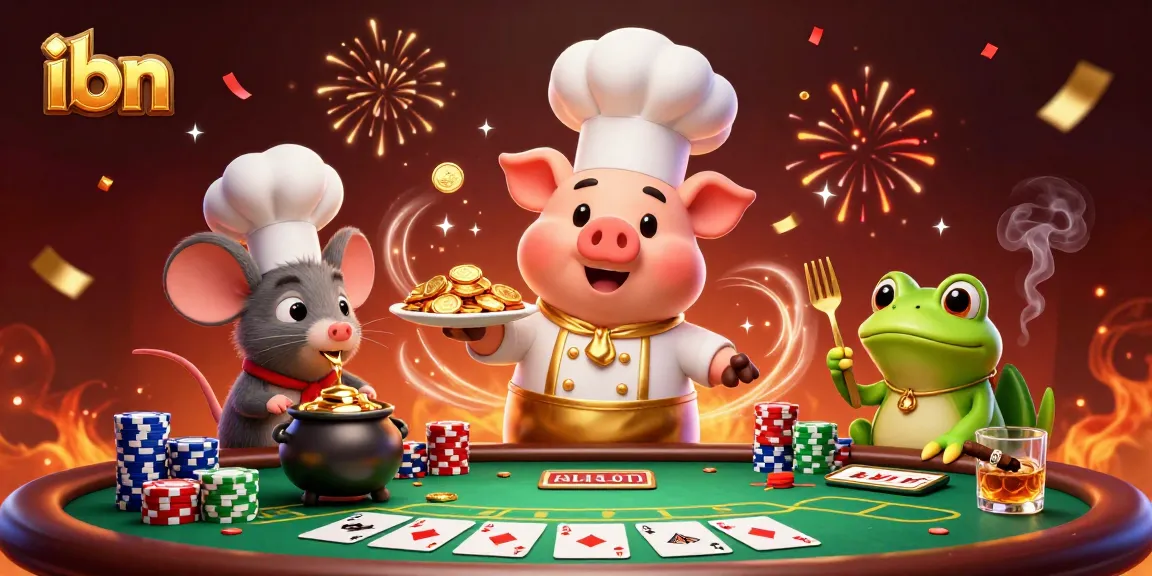 ibn showcases a vibrant 3D scene with a chef pig serving gold coins amidst poker elements and festive effects.