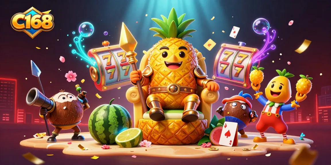 C168 vibrant casino scene showcasing a golden pineapple king, lively characters, and slot elements.