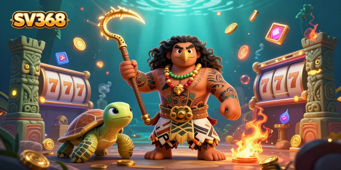 Engage with SV368’s vibrant gaming action showcasing a demigod and turtle amid glowing slot game elements.