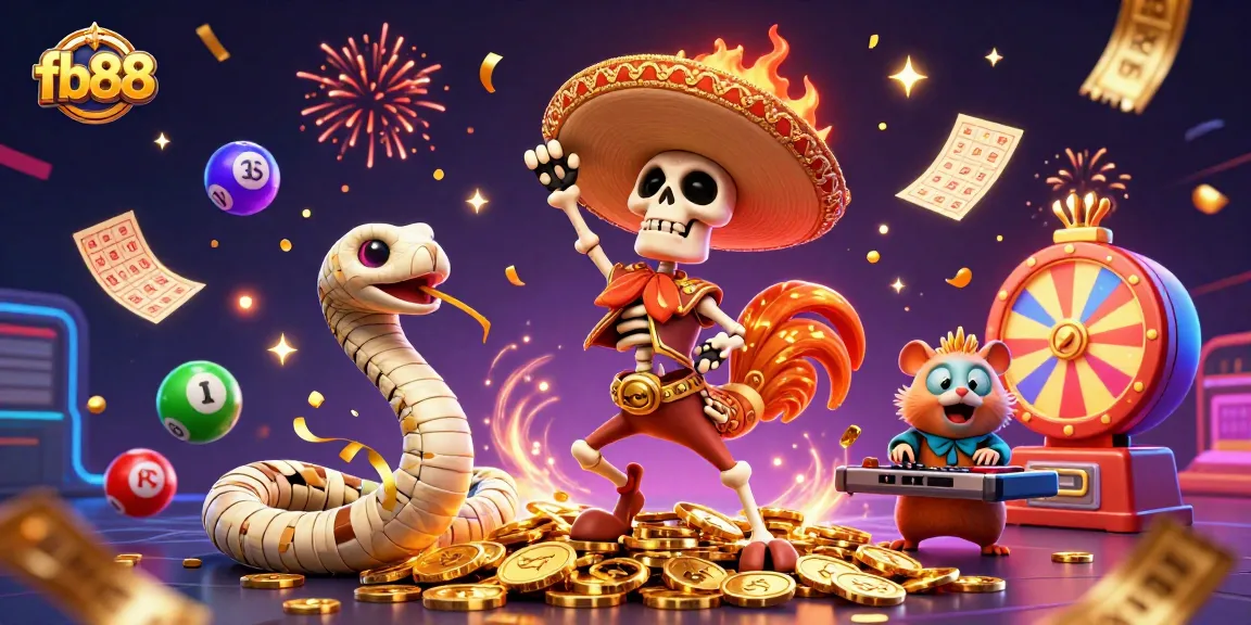 Experience vibrant gaming thrills at fb88 with a skeleton celebrating on golden coins amidst dynamic lottery elements.