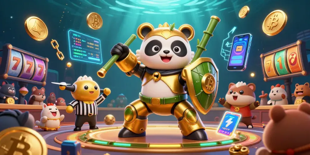 Engage with thrilling mobile casinos through a vibrant 3D illustration featuring a golden panda in a dynamic mech suit.