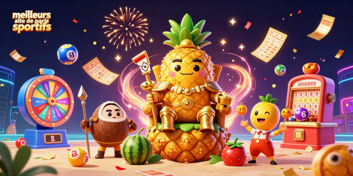 Meilleurs site de paris sportifs avec un roi ananas sur un trône de fruits et des éléments de casino.
