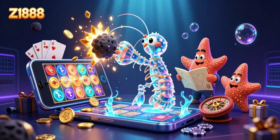 Experience thrilling z1888 games with a vivid illustration of a galactic mantis shrimp and starfish amid shining gems and coins.