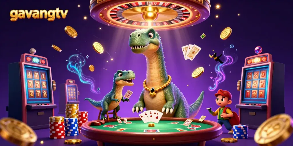 Experience thrilling gaming moments with gavangtv's vibrant 3D casino scene, featuring a towering brontosaurus!