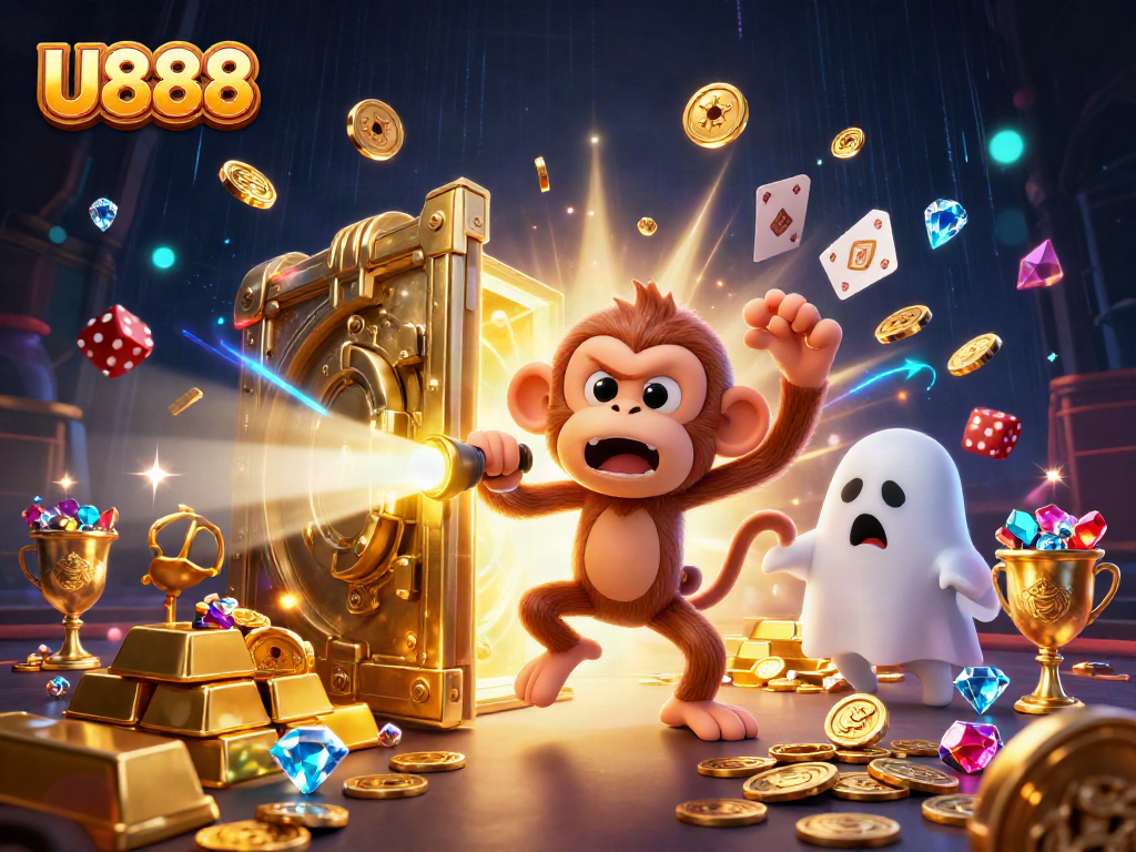 U888 casino adventure featuring poltergeist monkey and puppy in a haunted scene.