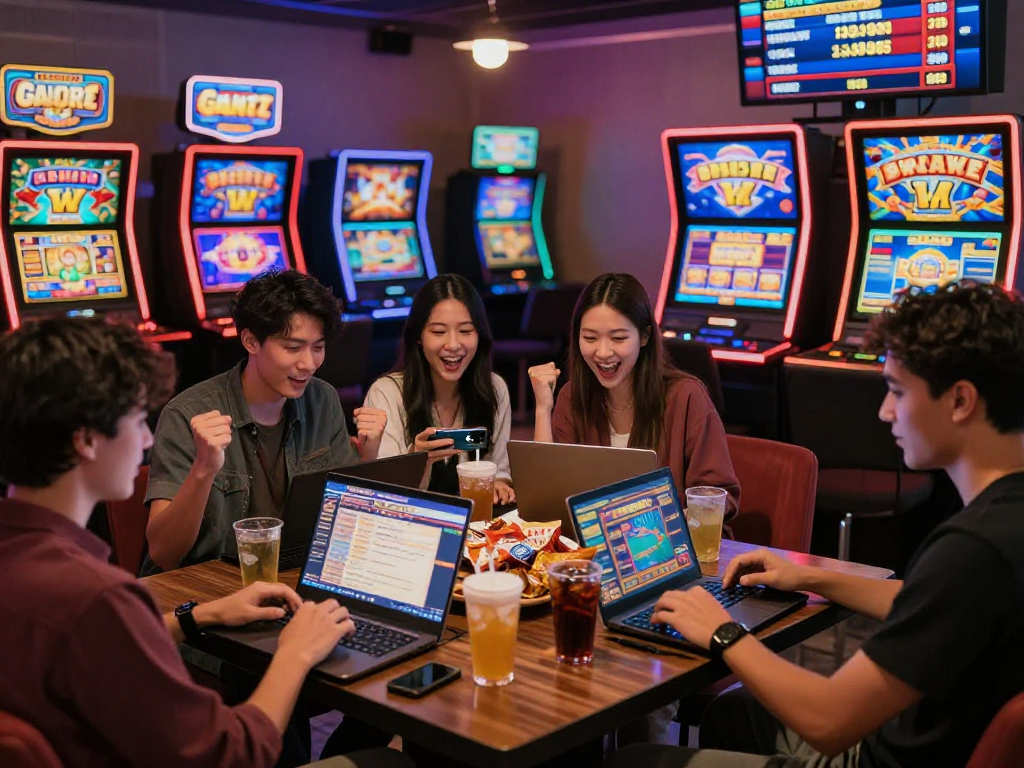 Excited players experiencing slot gacor games in a lively online casino setting.