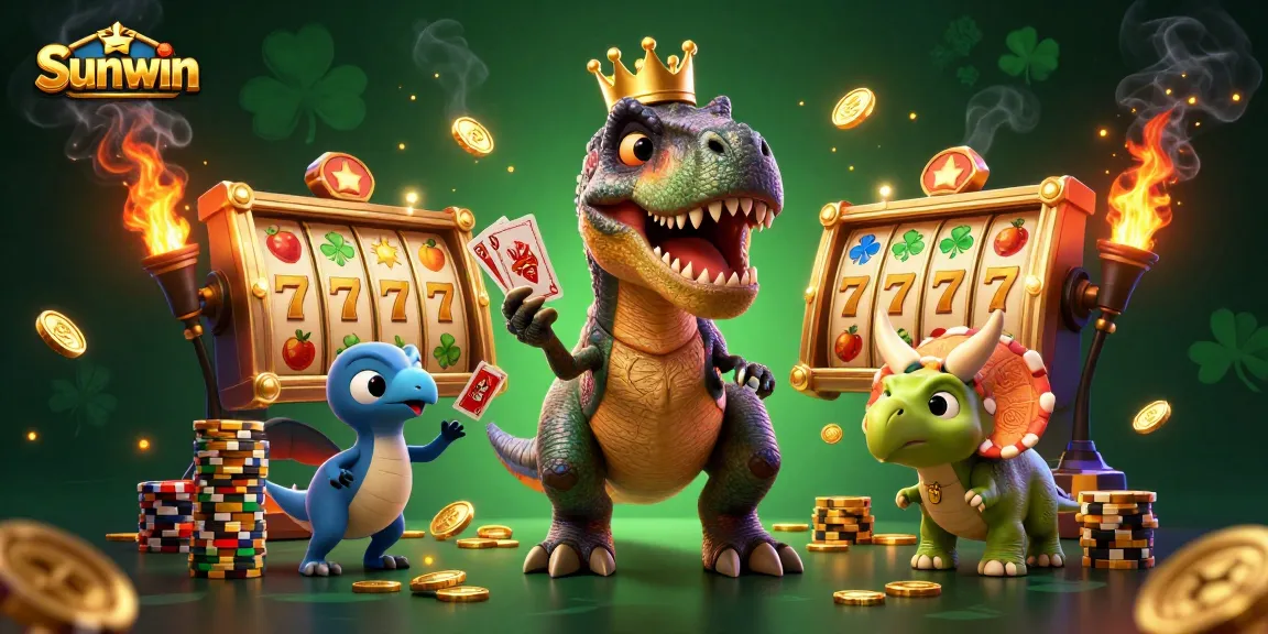Engage with Sunwin's vibrant 3D cartoon casino scene featuring playful dinosaurs and dynamic slot elements.