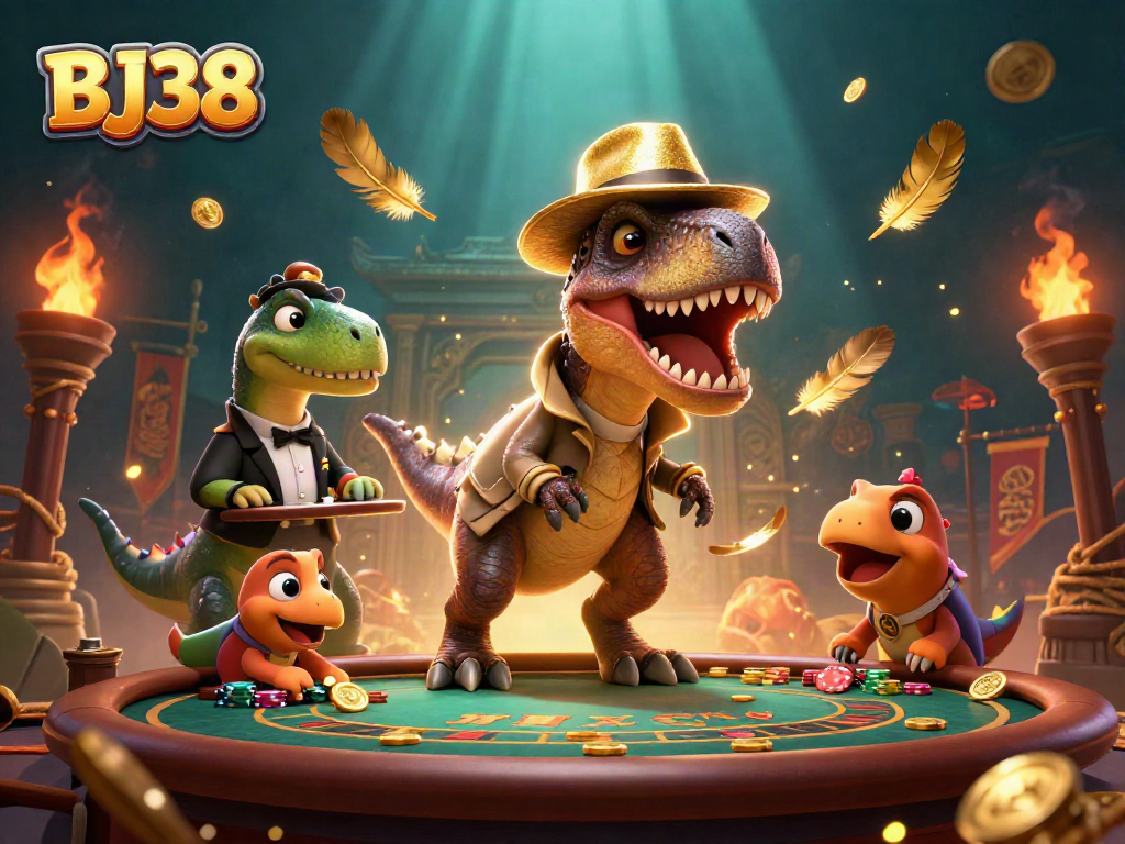BJ38 velociraptor card counter at a blackjack table surrounded by casino elements and vibrant effects.
