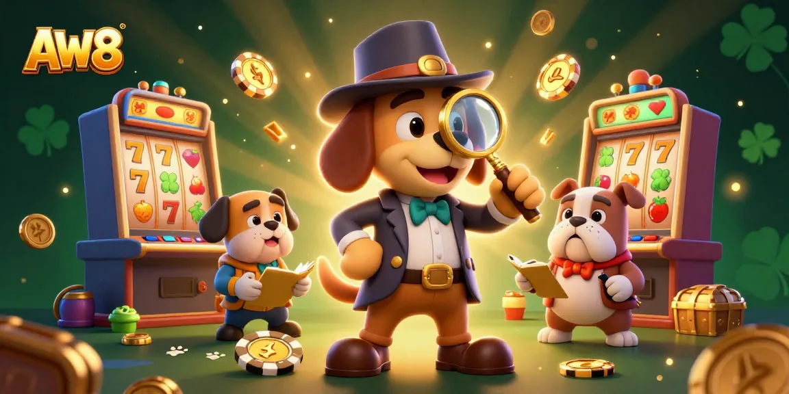 Engage with AW8's exciting gaming world featuring a detective and his companion exploring slot machines.