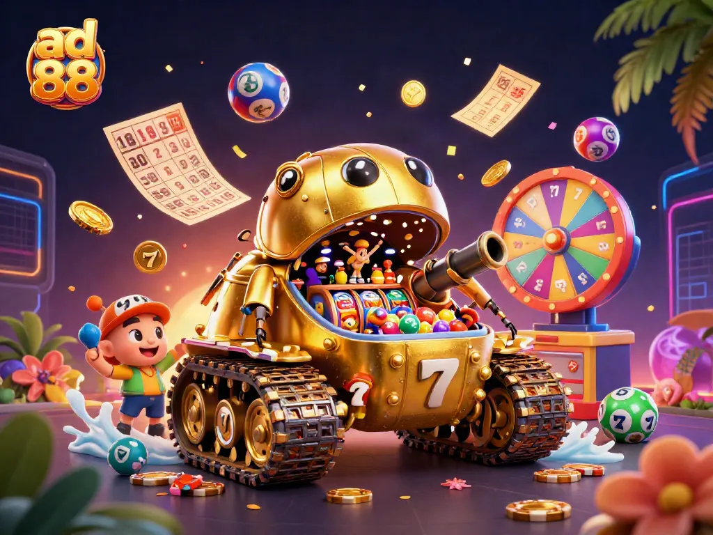 Engage with ad 88's winning slots in a vibrant 3D casino scene.