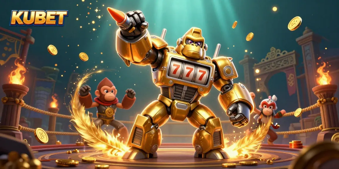 Experience the dynamic thrill of KUBET with a golden gorilla mech unleashing winning coins.