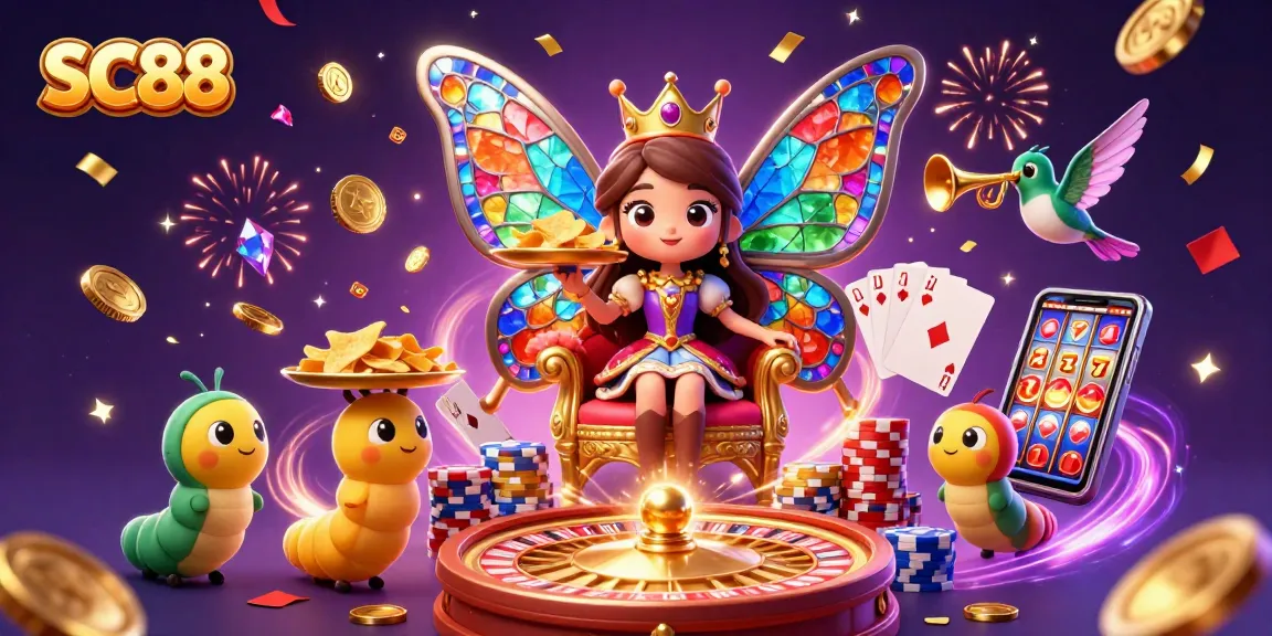 Engage with the vibrant world of SC88, where the butterfly queen commands a dazzling casino realm filled with golden chips and spinning roulette wheels.