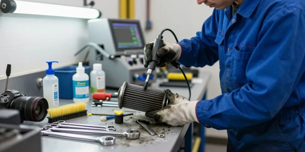Mechaniker reinigt DPF in einer Werkstattumgebung, ausgestattet mit Werkzeugen und Reinigungsmitteln für die DPF-Reinigung.