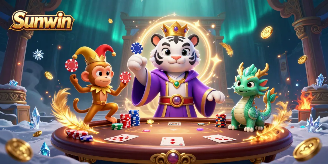Engage with Sunwin in a vibrant poker scene showcasing a tiger, jester monkey, and jade dragon.