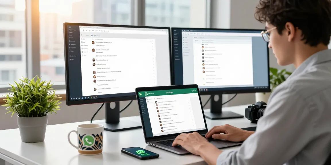 Professional workspace with WhatsApp網頁版 on laptop, showcasing modern tech environment