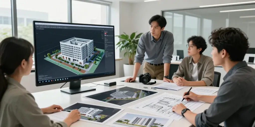 Team collaboration on architectural bim modeling services in a modern design studio with high-tech screens.