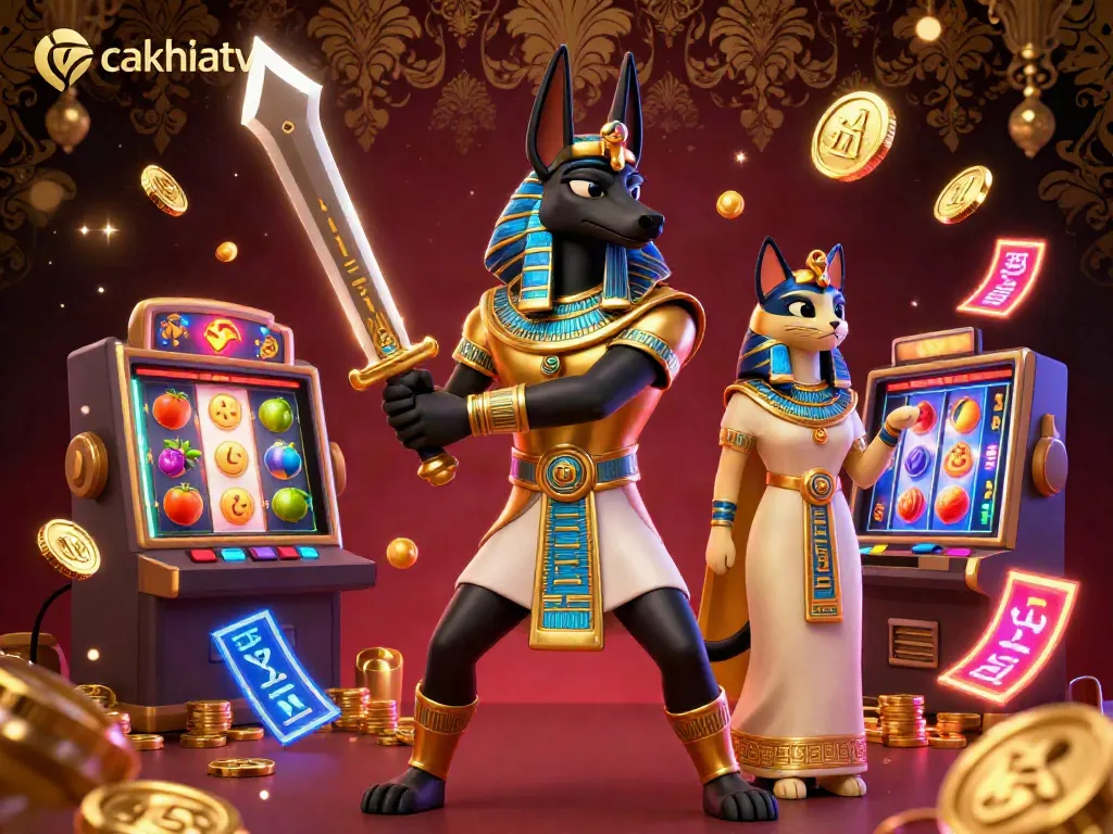 Explore the thrilling world of cakhiatv with Anubis and Bastet, surrounded by vibrant gambling elements.