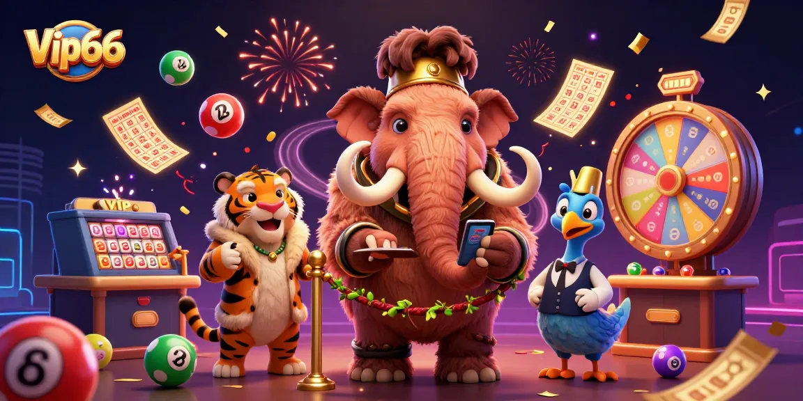 Experience the thrilling world of Vip66 with a vibrant 3D casino scene featuring colorful lottery elements.