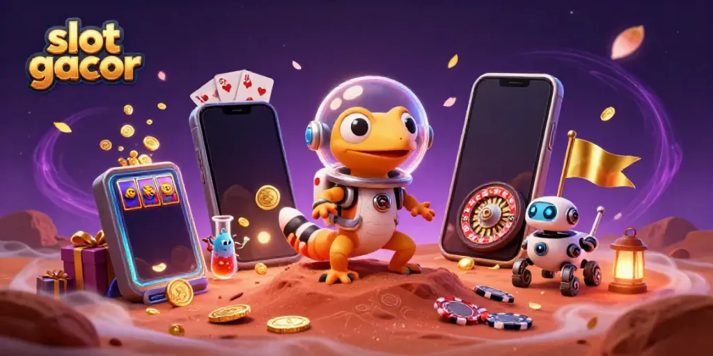 Experience the thrill of slot gacor with a Martian gecko break through a golden casino in a vibrant 3D scene.