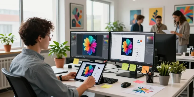 Edit images using Nano Banana 2 in a vibrant modern workspace with dual monitors and creative elements.