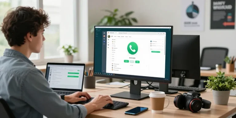 Person using WhatsApp網頁版 on a monitor in a bright tech workspace with efficient tools.