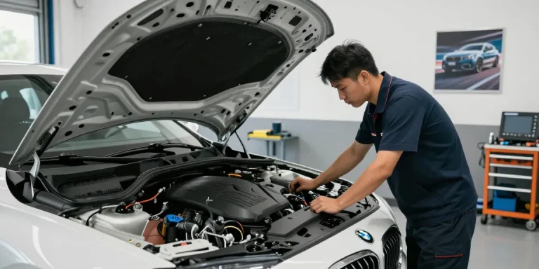 Professioneller Mechaniker in der BMW Werkstatt Hannover bei der Inspektion eines BMW Motors.