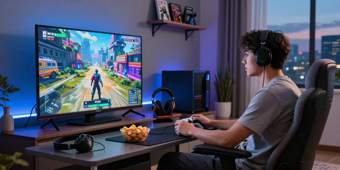 Gamer using connectivity hssgamepad for an immersive gaming experience in a stylish room.