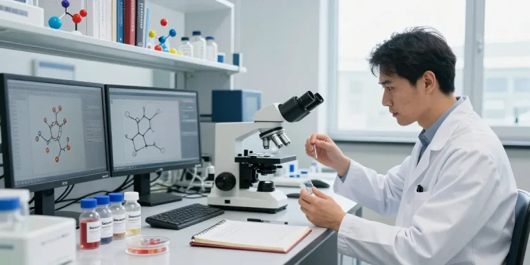 Researcher in lab coat examining SwissChems peptide samples in a bright lab.