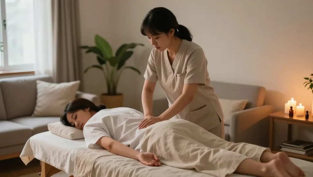 Relaxing 신촌출장마사지 scene in a tranquil home setting, featuring a professional therapist and soothing atmosphere.
