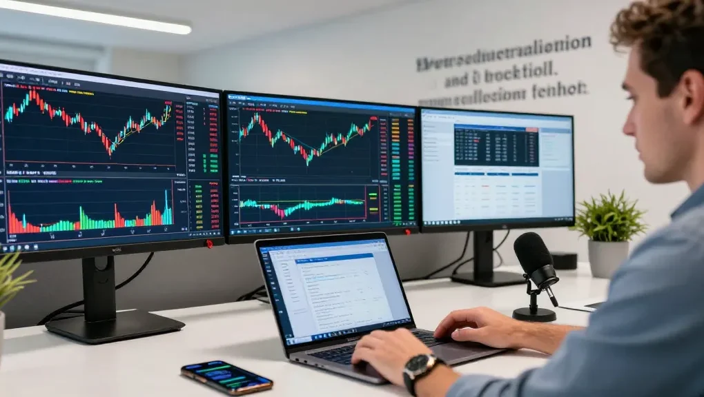 Trader using MetaTrader 4 on multiple monitors, showcasing forex charts and analysis tools in a modern workspace.